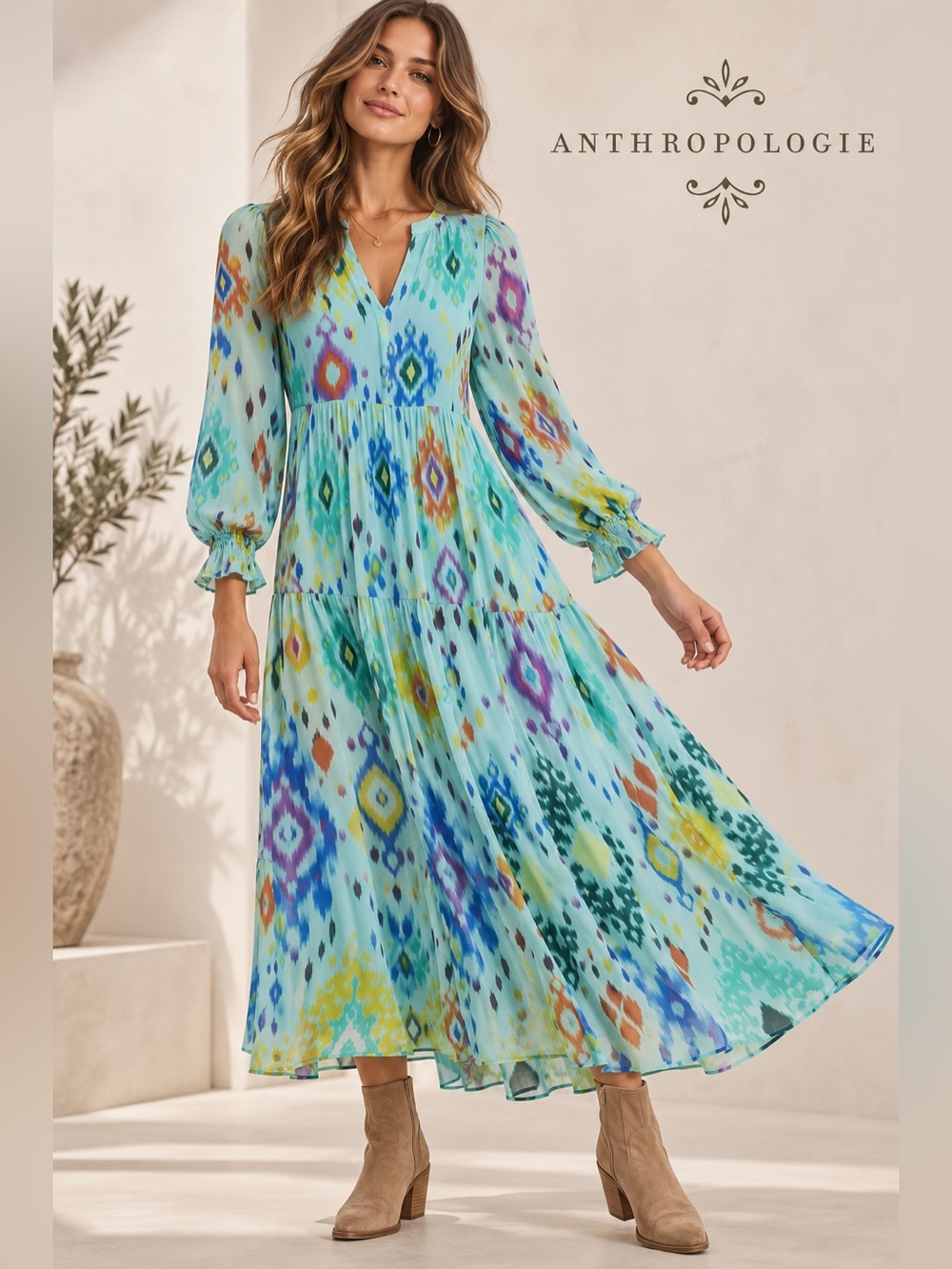 Anthropologie Serenade Maxi Dress Aqua Multicolor Ikat Print Tiered Dress